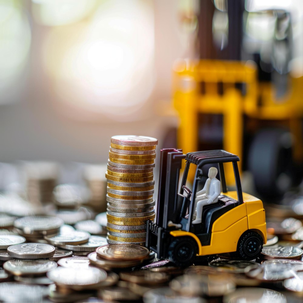 A miniature forklift placing coins into tall piles