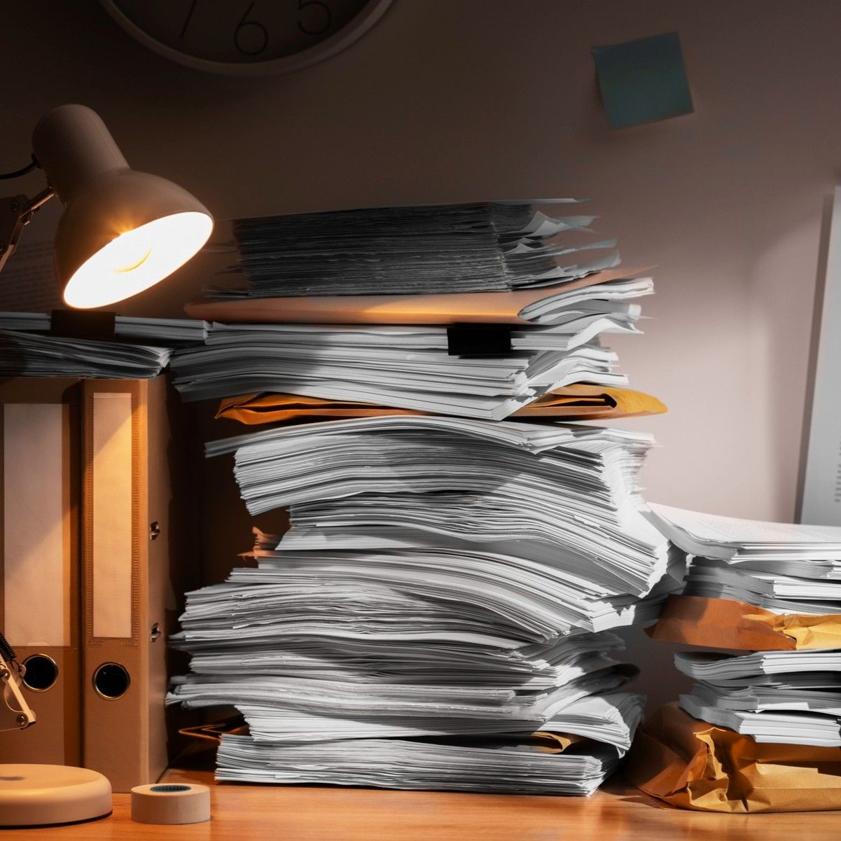 Tall pile of papers and documents